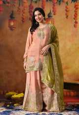 Peach Tissue Crepe Sharara Set with Green Banarasi Silk Dupatta