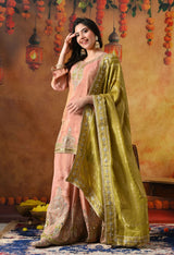 Peach Tissue Crepe Sharara Set with Green Banarasi Silk Dupatta
