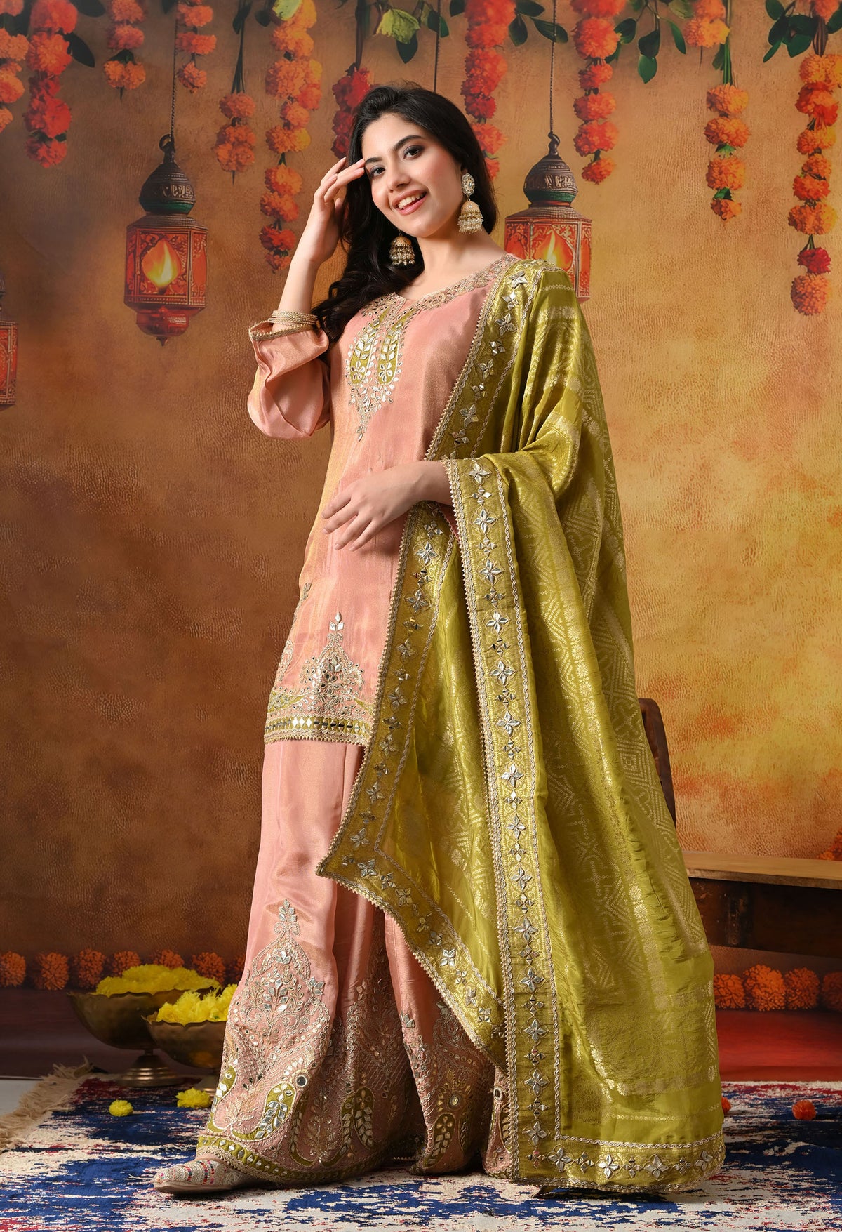 Peach Tissue Crepe Sharara Set with Green Banarasi Silk Dupatta