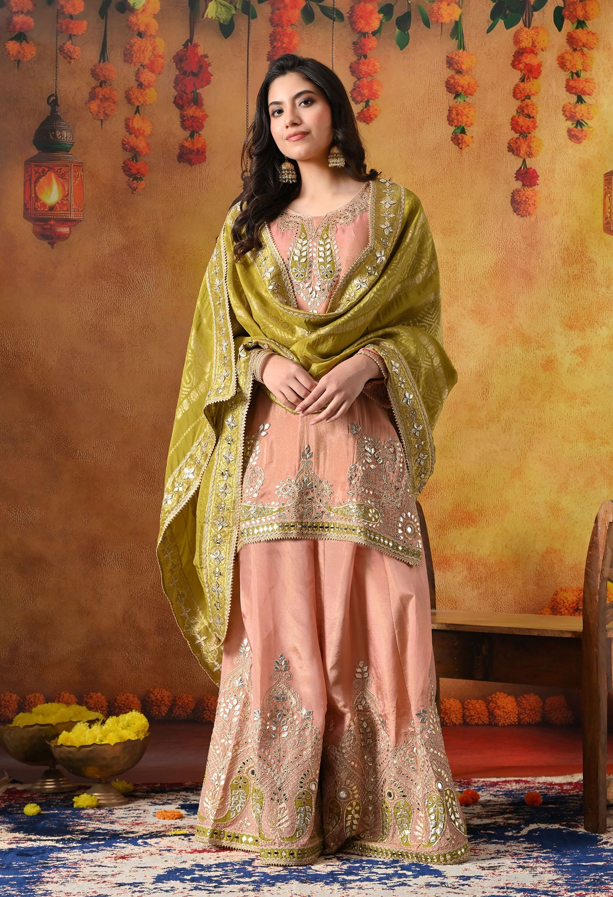 Peach Tissue Crepe Sharara Set with Green Banarasi Silk Dupatta