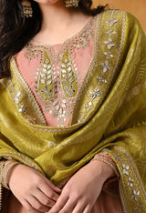 Peach Tissue Crepe Sharara Set with Green Banarasi Silk Dupatta