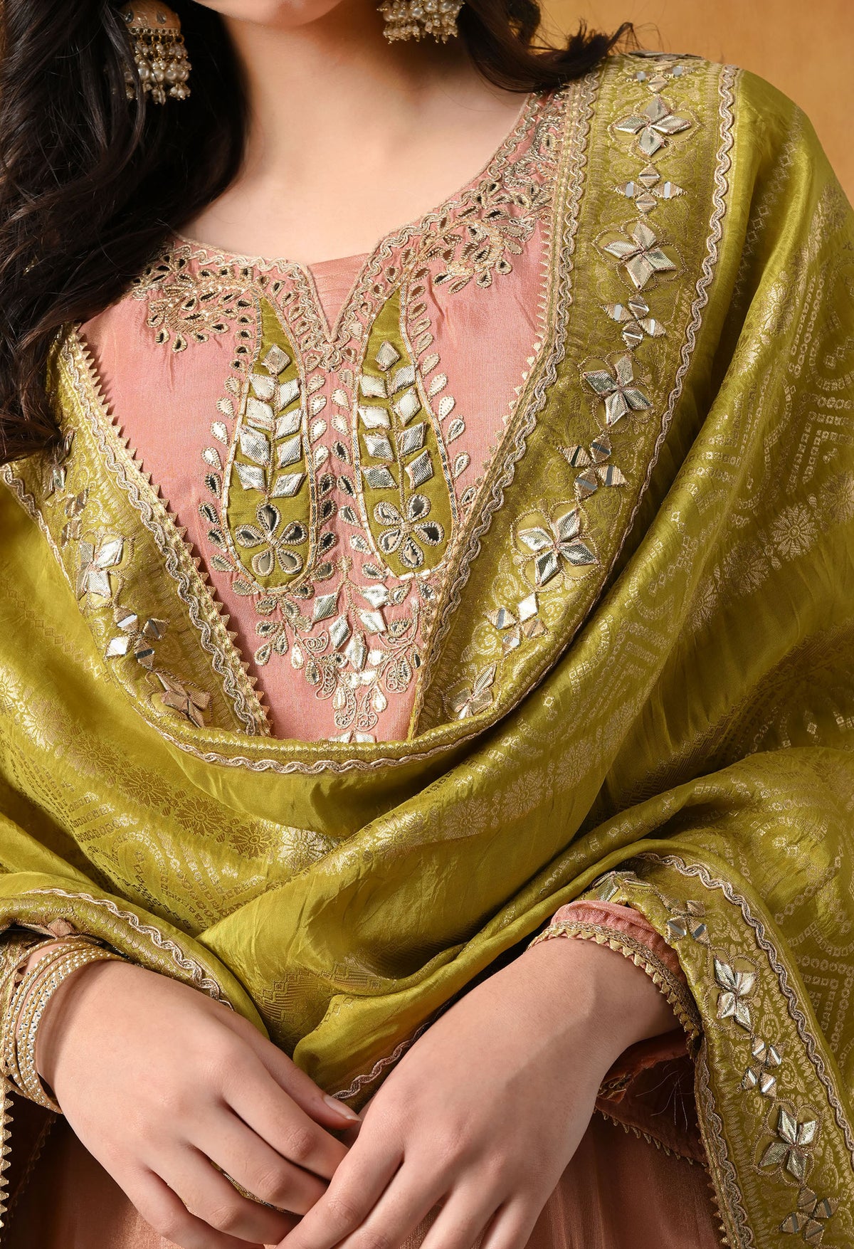 Peach Tissue Crepe Sharara Set with Green Banarasi Silk Dupatta