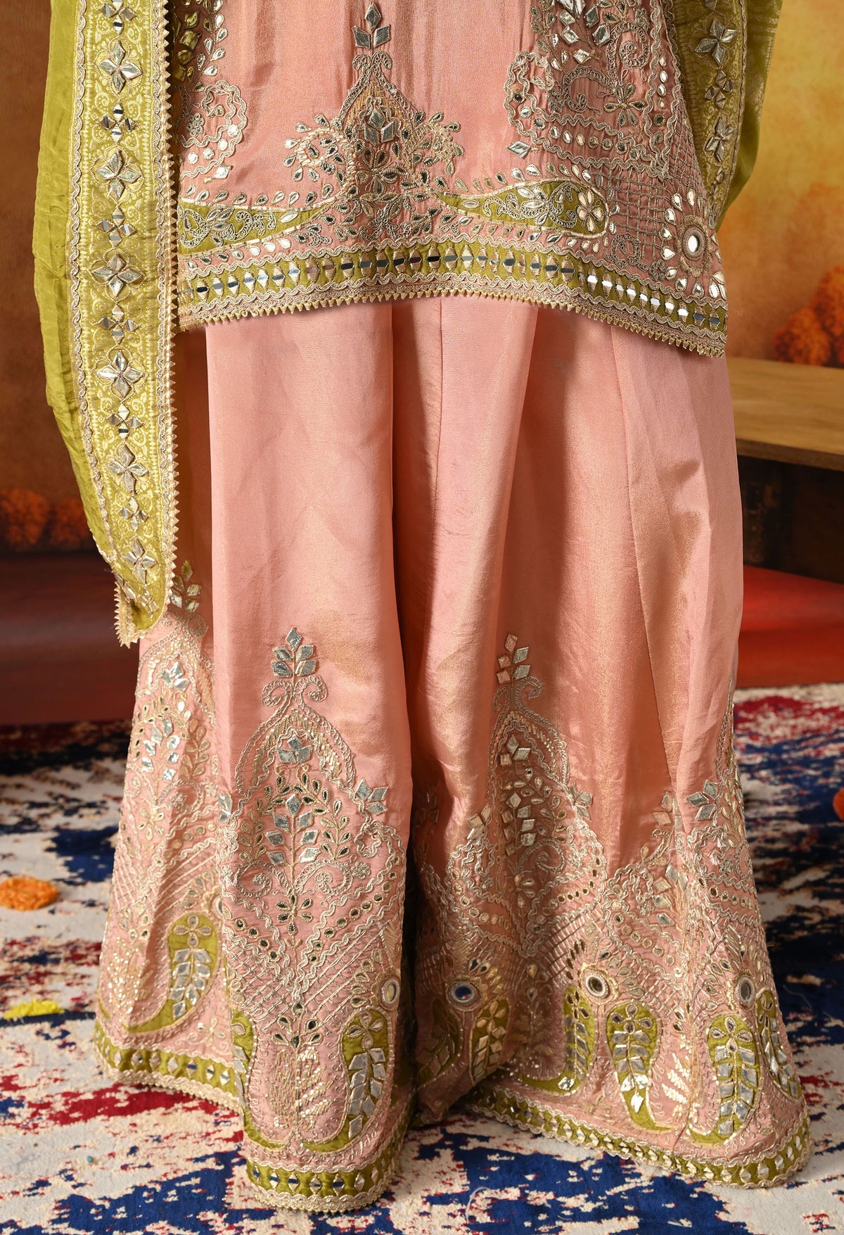 Peach Tissue Crepe Sharara Set with Green Banarasi Silk Dupatta