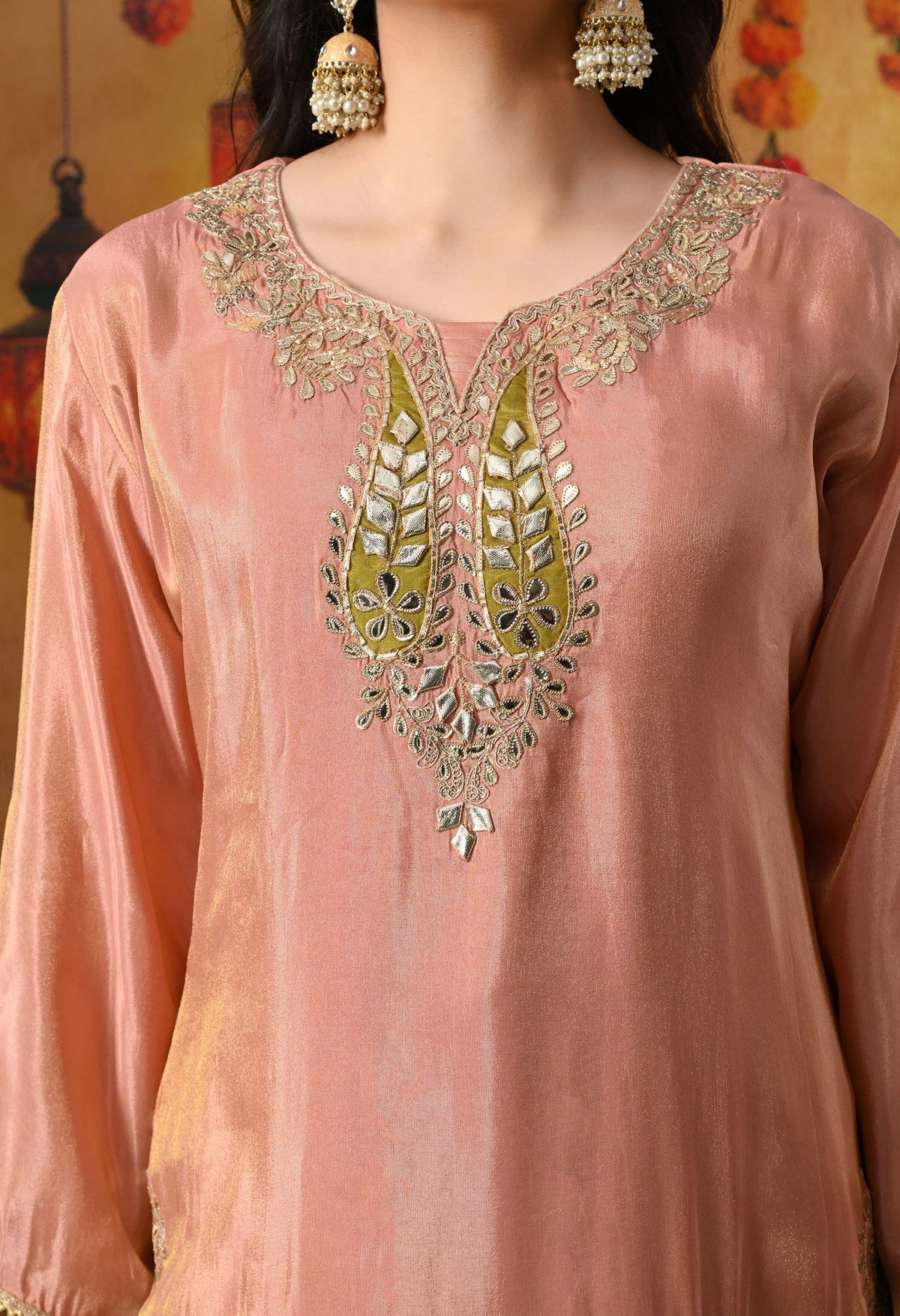 Peach Tissue Crepe Sharara Set with Green Banarasi Silk Dupatta