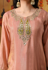 Peach Tissue Crepe Sharara Set with Green Banarasi Silk Dupatta