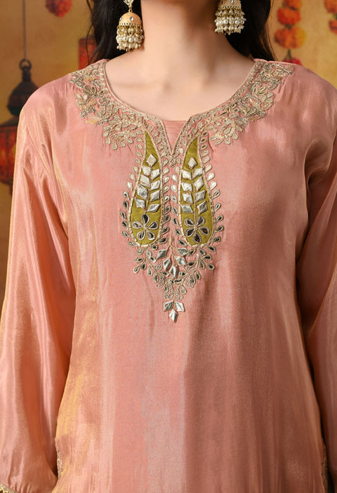 Peach Tissue Crepe Sharara Set with Green Banarasi Silk Dupatta