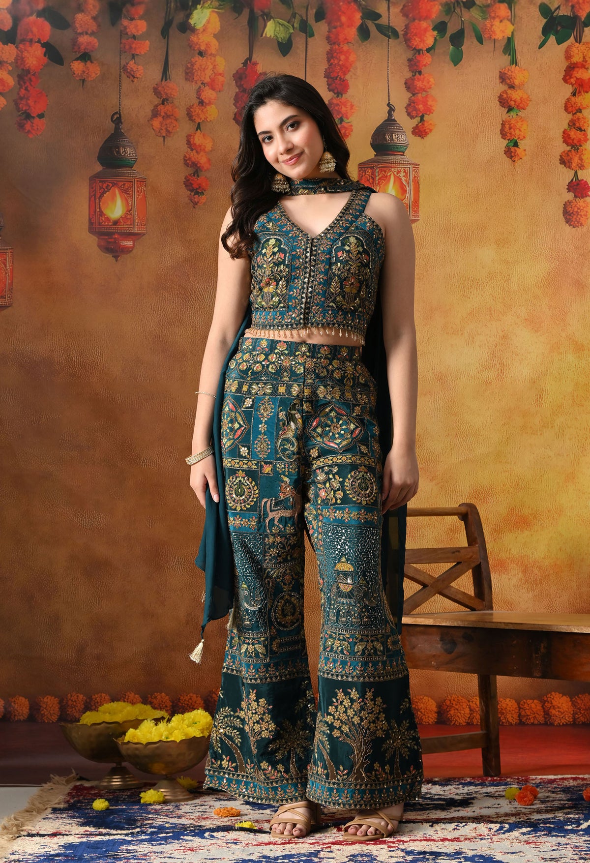 Sea Blue Crepe Indo Western Set with Umbrella Cut Pant & Matching Dupatta
