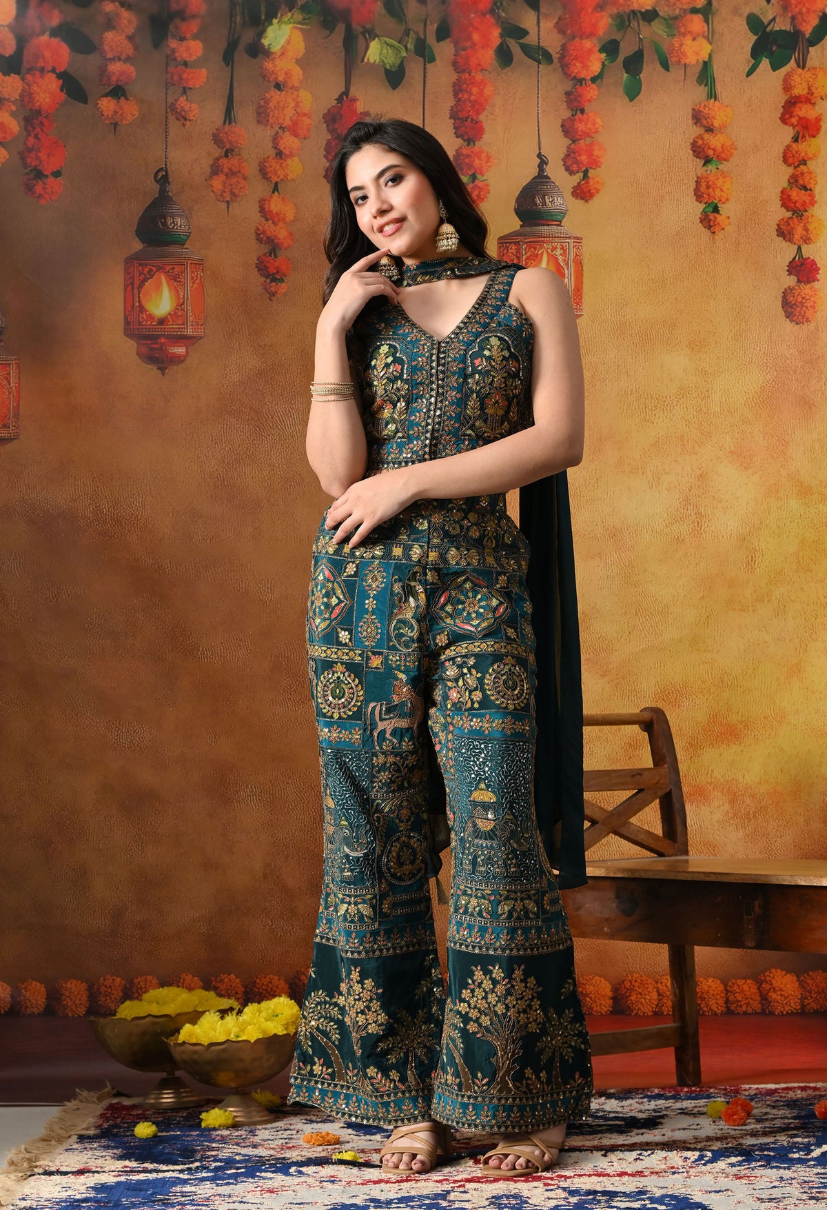 Sea Blue Crepe Indo Western Set with Umbrella Cut Pant & Matching Dupatta