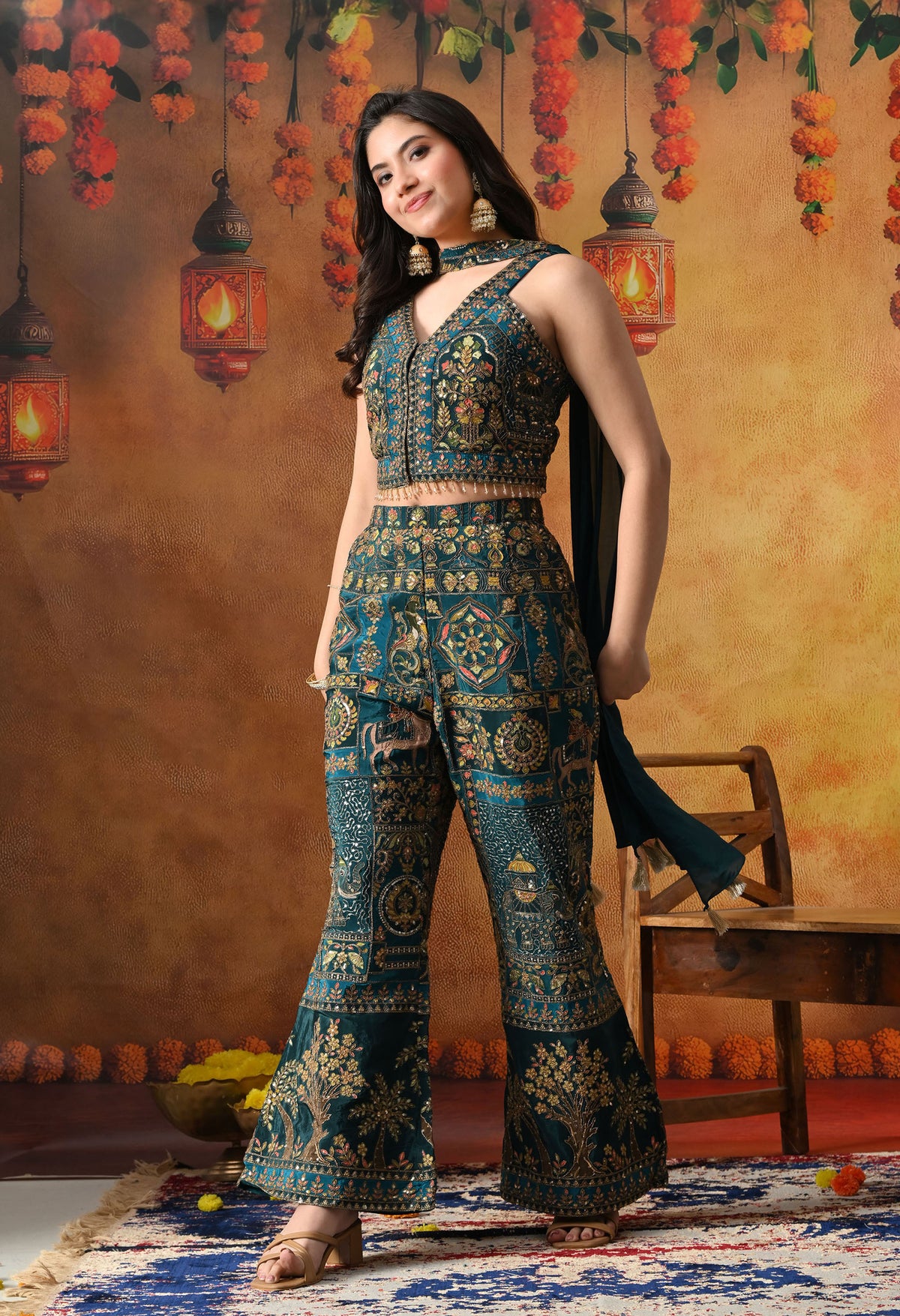 Sea Blue Crepe Indo Western Set with Umbrella Cut Pant & Matching Dupatta