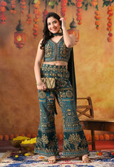 Sea Blue Crepe Indo Western Set with Umbrella Cut Pant & Matching Dupatta