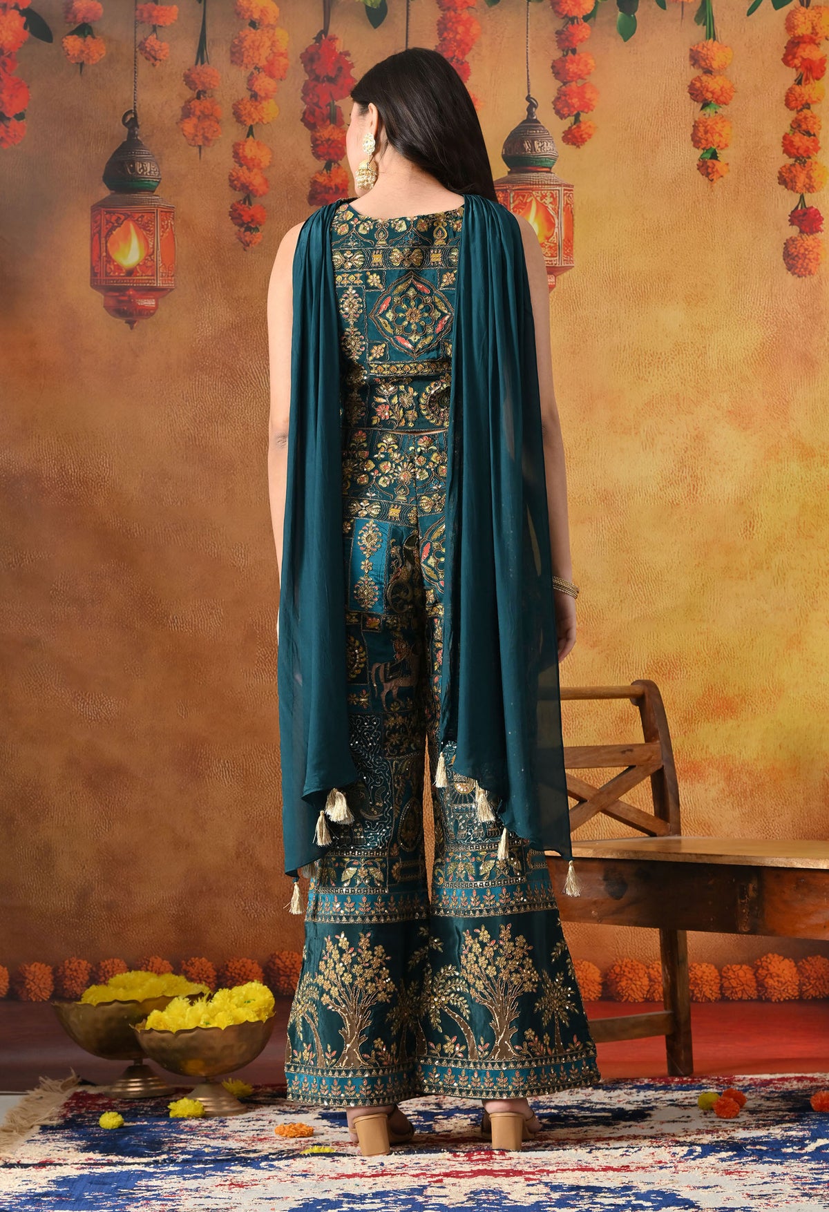 Sea Blue Crepe Indo Western Set with Umbrella Cut Pant & Matching Dupatta