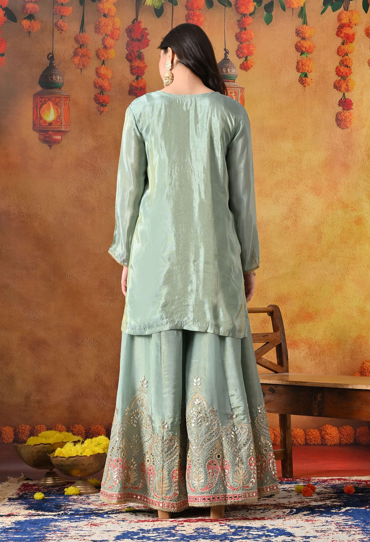 Elegant Light Blue Tissue Crepe Sharara Set with Pink Banarasi Dupatta