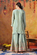 Elegant Light Blue Tissue Crepe Sharara Set with Pink Banarasi Dupatta