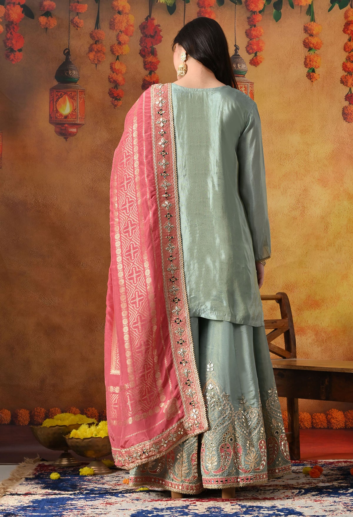 Elegant Light Blue Tissue Crepe Sharara Set with Pink Banarasi Dupatta