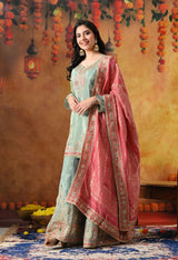 Elegant Light Blue Tissue Crepe Sharara Set with Pink Banarasi Dupatta