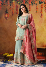 Elegant Light Blue Tissue Crepe Sharara Set with Pink Banarasi Dupatta