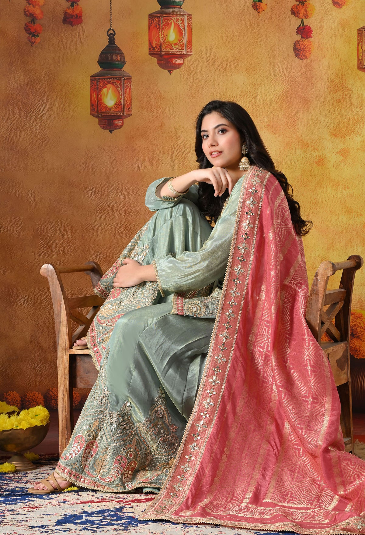 Elegant Light Blue Tissue Crepe Sharara Set with Pink Banarasi Dupatta