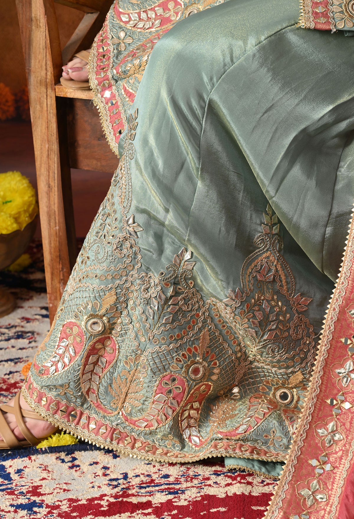 Elegant Light Blue Tissue Crepe Sharara Set with Pink Banarasi Dupatta