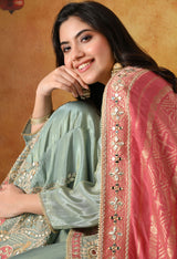 Elegant Light Blue Tissue Crepe Sharara Set with Pink Banarasi Dupatta