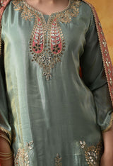 Elegant Light Blue Tissue Crepe Sharara Set with Pink Banarasi Dupatta