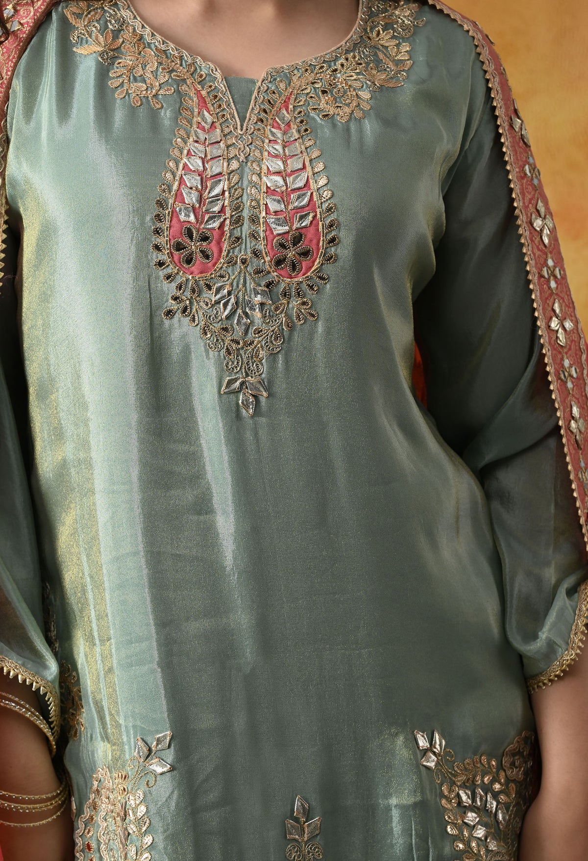 Elegant Light Blue Tissue Crepe Sharara Set with Pink Banarasi Dupatta