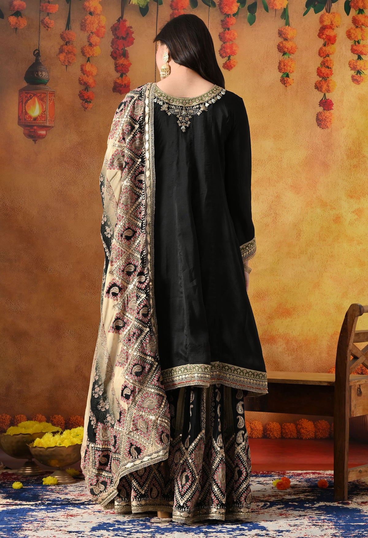 Elegant Black Crepe Gharara Set with Printed Gharara & Dupatta