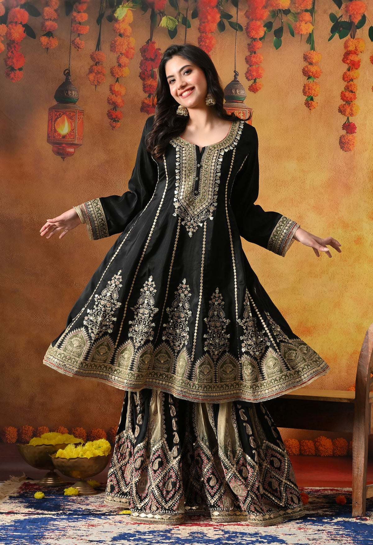 Elegant Black Crepe Gharara Set with Printed Gharara & Dupatta