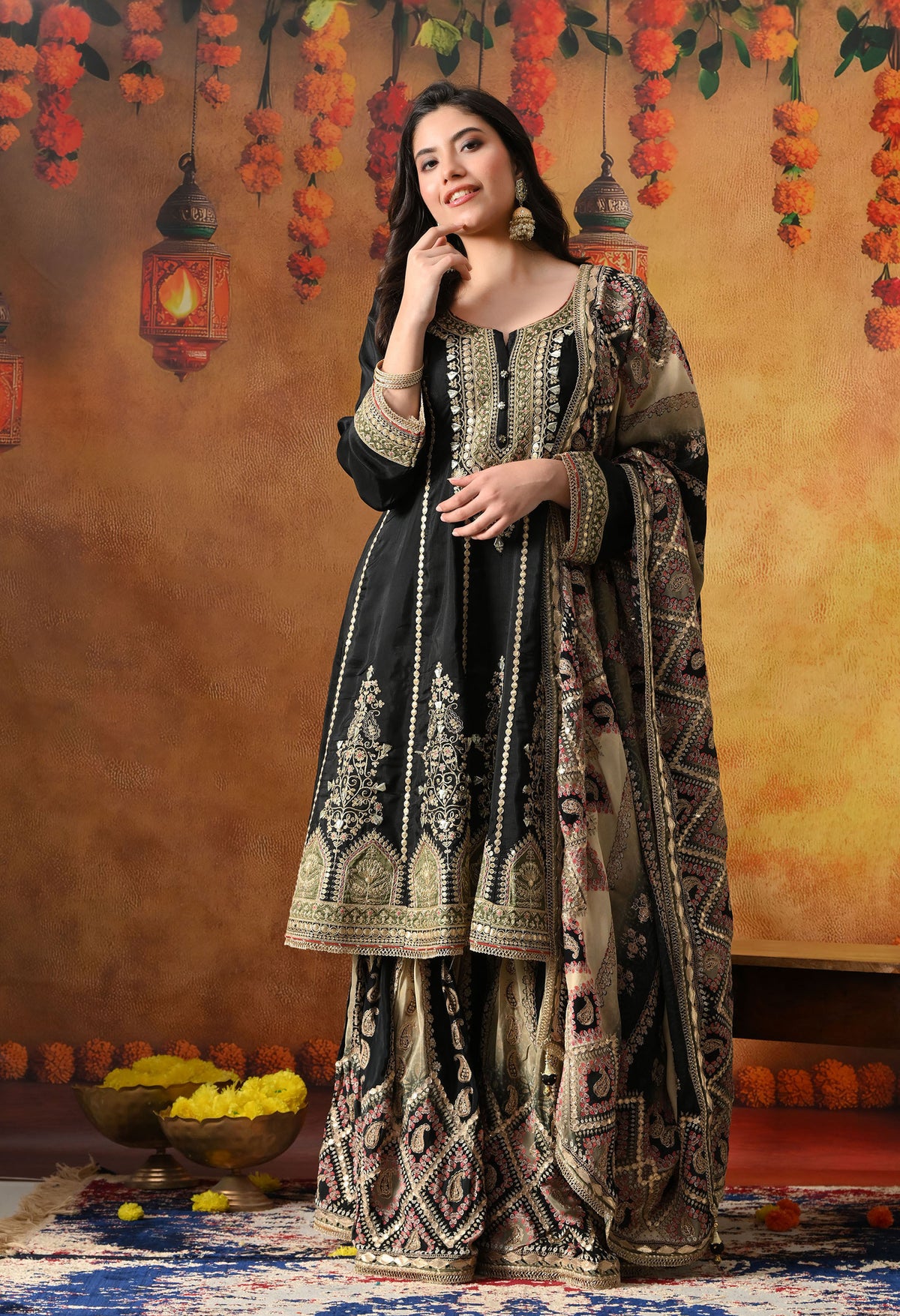 Elegant Black Crepe Gharara Set with Printed Gharara & Dupatta