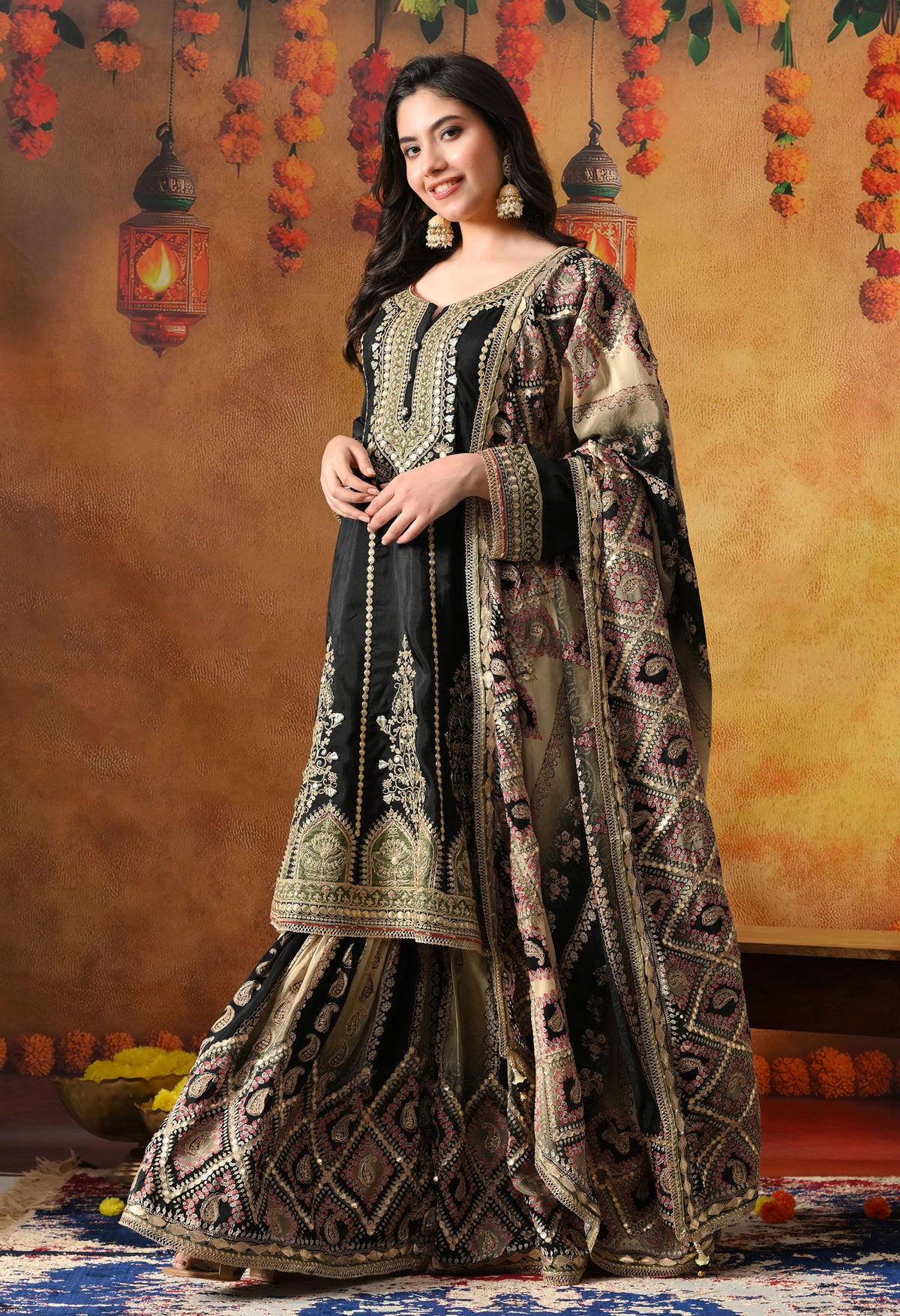 Elegant Black Crepe Gharara Set with Printed Gharara & Dupatta