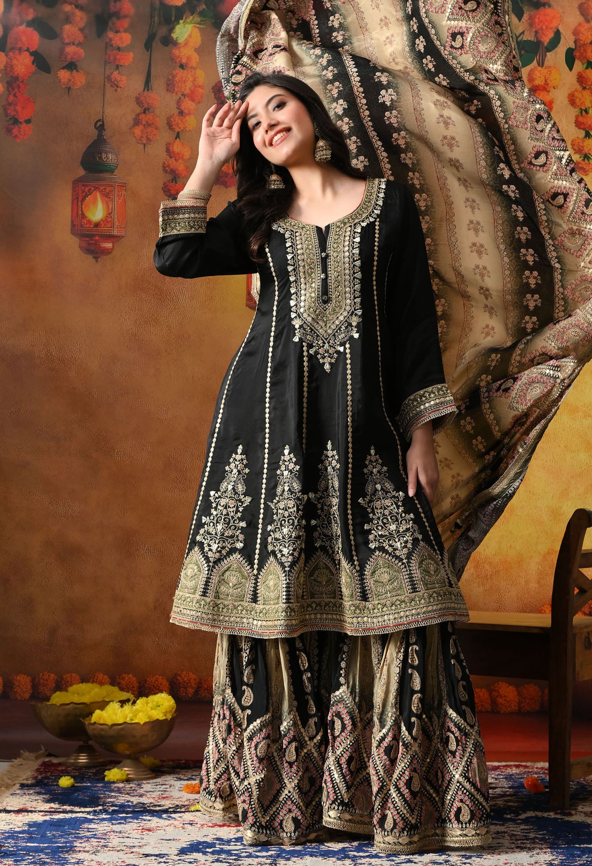 Elegant Black Crepe Gharara Set with Printed Gharara & Dupatta