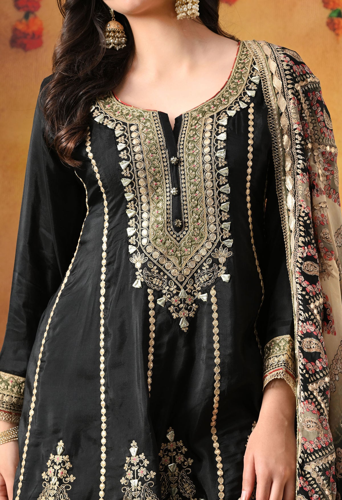 Elegant Black Crepe Gharara Set with Printed Gharara & Dupatta