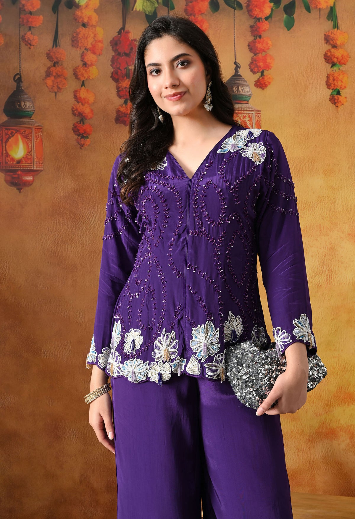 Chic Purple Crepe Indo Western Set with Straight Palazzo