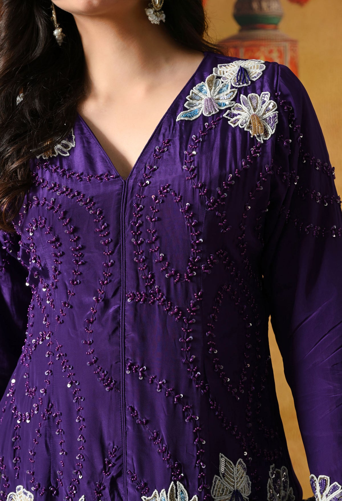 Chic Purple Crepe Indo Western Set with Straight Palazzo