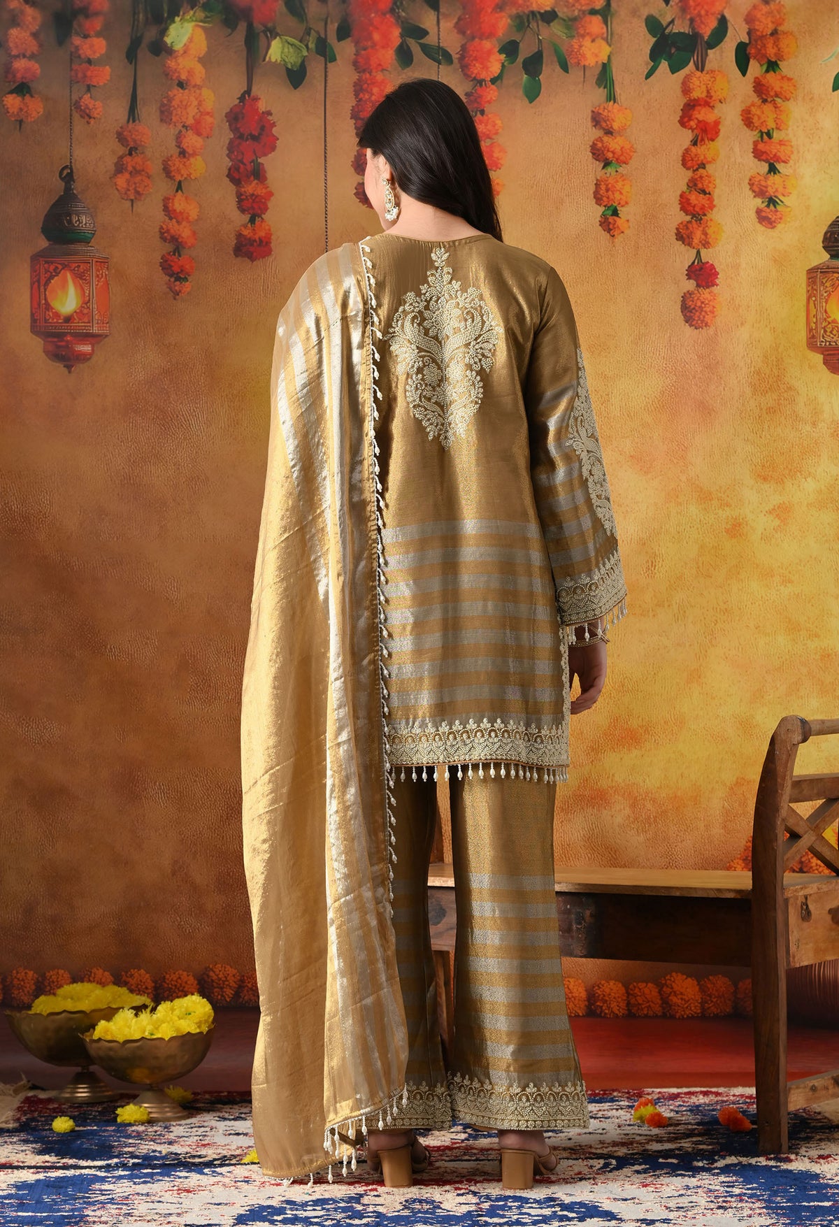Golden Tissue Silk Kurta Set with Thread & Pearl Work