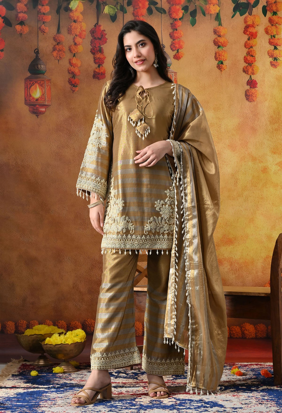 Golden Tissue Silk Kurta Set with Thread & Pearl Work