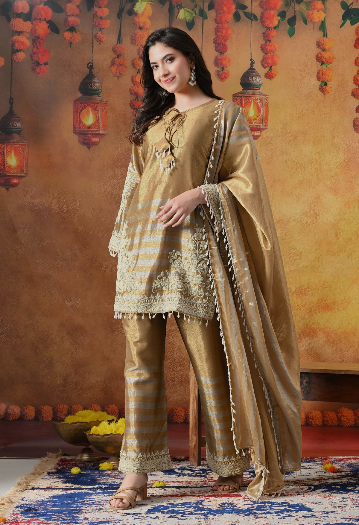 Golden Tissue Silk Kurta Set with Thread & Pearl Work