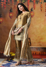 Golden Tissue Silk Kurta Set with Thread & Pearl Work