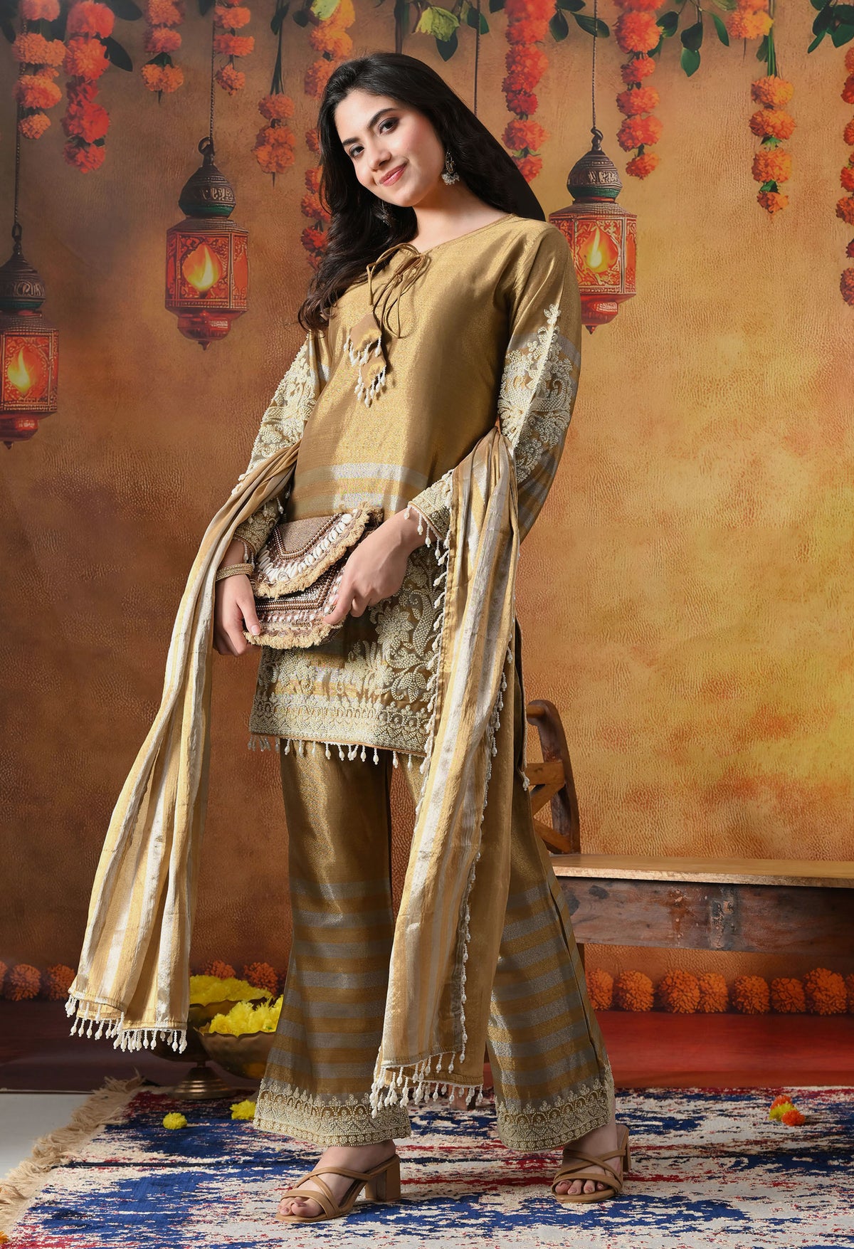 Golden Tissue Silk Kurta Set with Thread & Pearl Work