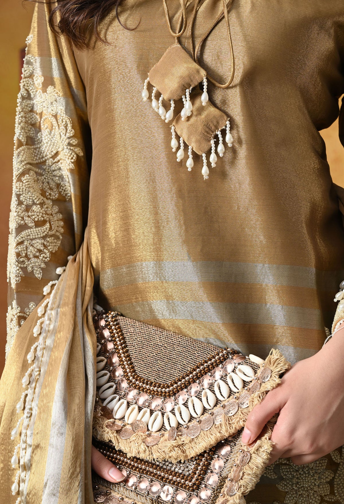 Golden Tissue Silk Kurta Set with Thread & Pearl Work