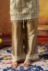 Golden Tissue Silk Kurta Set with Thread & Pearl Work