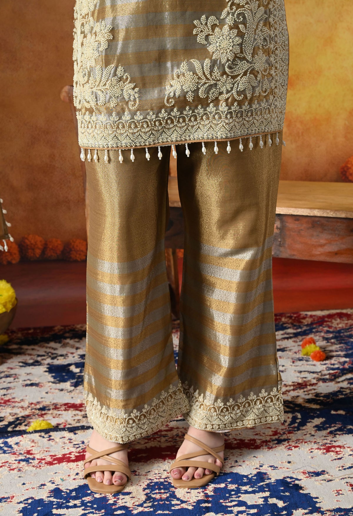 Golden Tissue Silk Kurta Set with Thread & Pearl Work