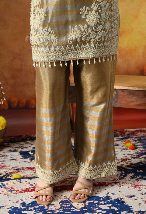 Golden Tissue Silk Kurta Set with Thread & Pearl Work