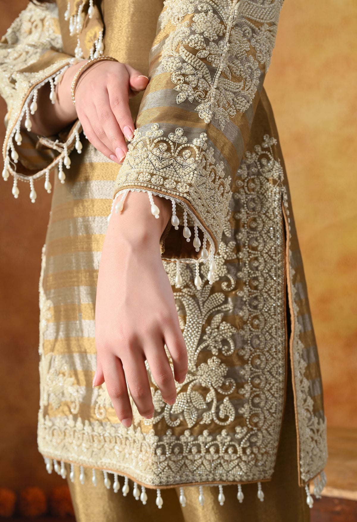 Golden Tissue Silk Kurta Set with Thread & Pearl Work