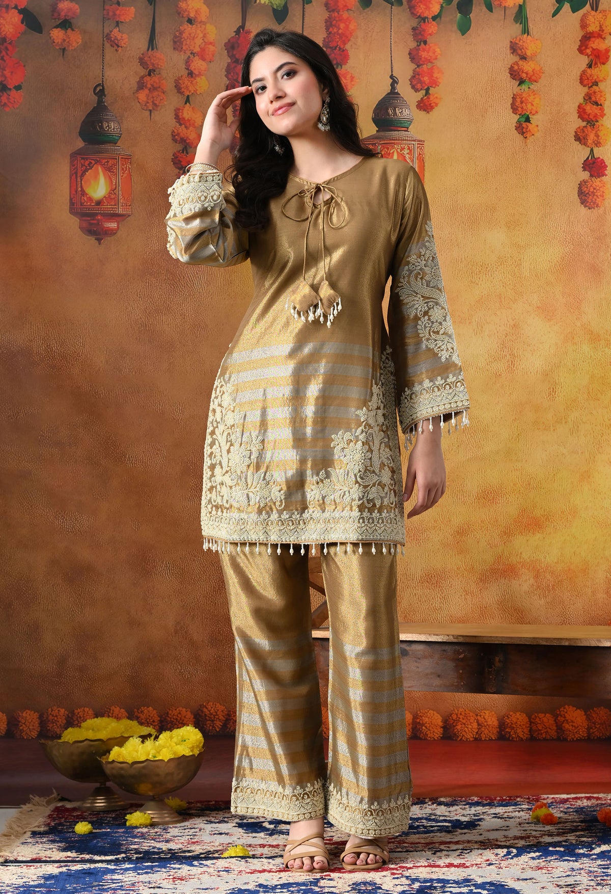Golden Tissue Silk Kurta Set with Thread & Pearl Work