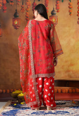Elegant Red Organza Kurta Set with Farshi Salwar & Matching Dupatta