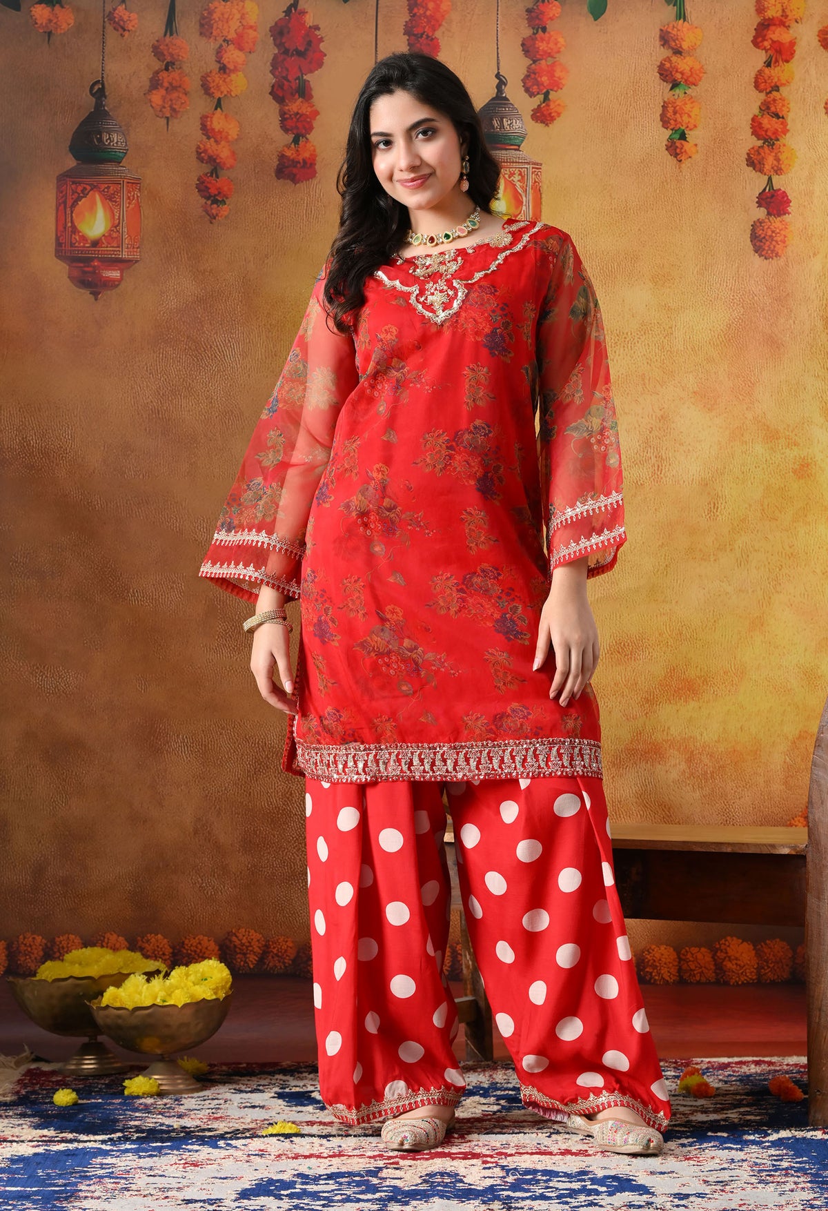 Elegant Red Organza Kurta Set with Farshi Salwar & Matching Dupatta