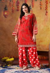 Elegant Red Organza Kurta Set with Farshi Salwar & Matching Dupatta