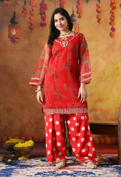 Elegant Red Organza Kurta Set with Farshi Salwar & Matching Dupatta