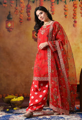 Elegant Red Organza Kurta Set with Farshi Salwar & Matching Dupatta