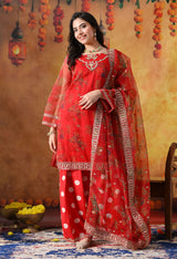 Elegant Red Organza Kurta Set with Farshi Salwar & Matching Dupatta